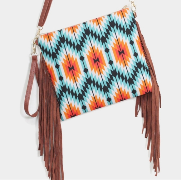 Handbags - Aztec Print Tassel Wristlet Clutch / Crossbody Bag.